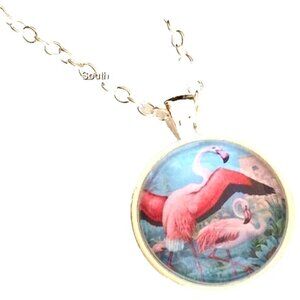 Pink Flamingo Necklace Silver Plated 24" Chain Glass Dome Pendant Tropical